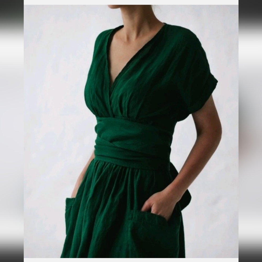 Seaside Tones Linen Kimono Wrap Dress - Picture 4 of 11